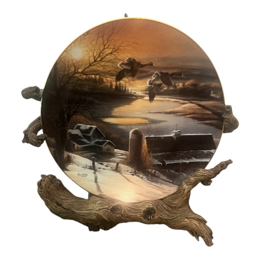 Terry Redlin DELAYED DEPARTURE Plate Faux Driftwood Stand Rustic Cabin Decor